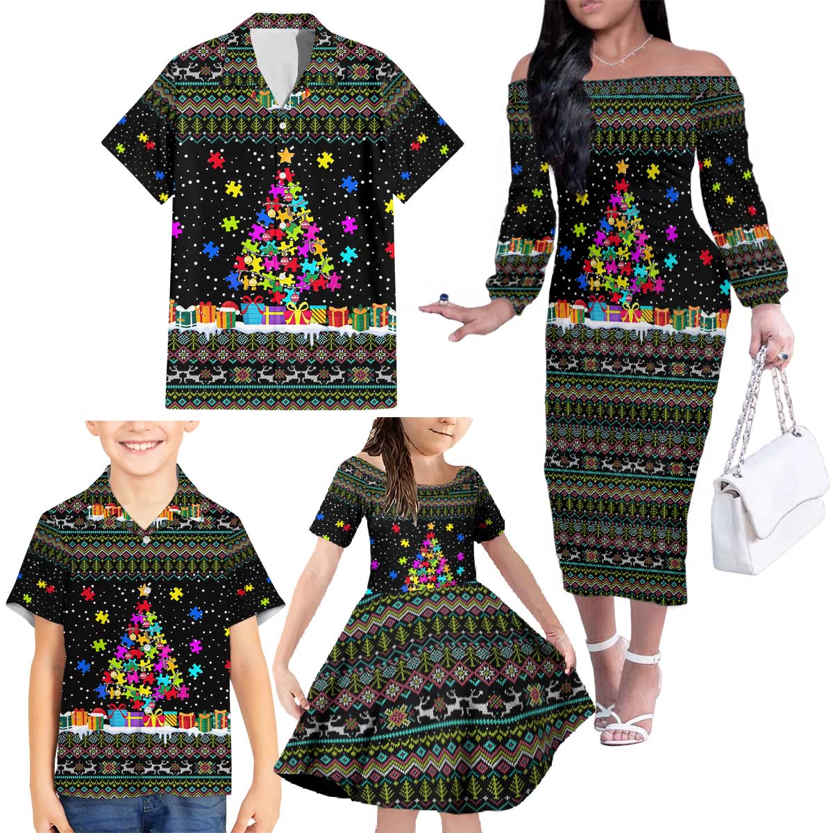 Autism Pine Christmas Family Matching Off The Shoulder Long Sleeve Dress and Hawaiian Shirt Xmas Holiday Patterns - Wonder Print Shop