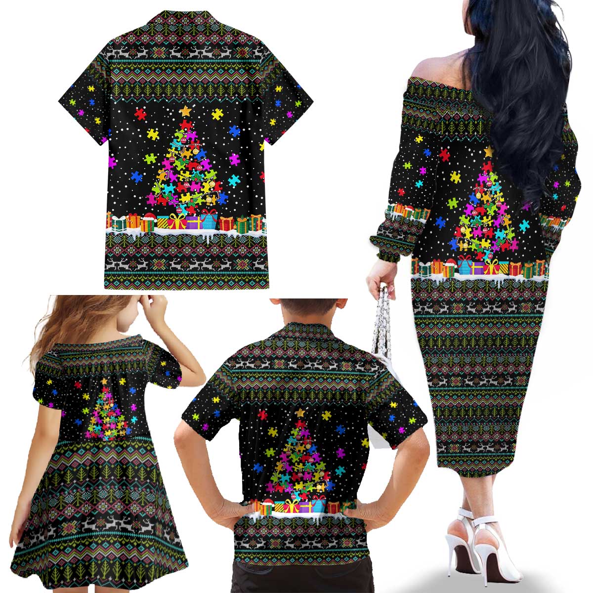 Autism Pine Christmas Family Matching Off The Shoulder Long Sleeve Dress and Hawaiian Shirt Xmas Holiday Patterns - Wonder Print Shop