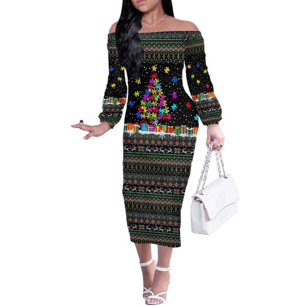 Autism Pine Christmas Family Matching Off The Shoulder Long Sleeve Dress and Hawaiian Shirt Xmas Holiday Patterns - Wonder Print Shop