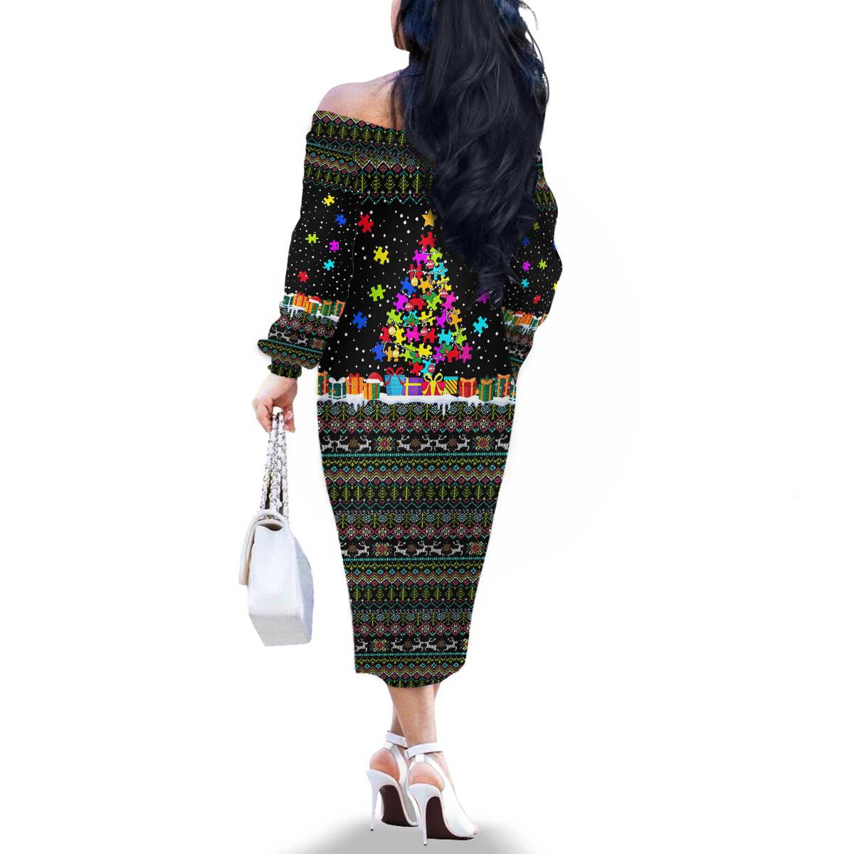 Autism Pine Christmas Family Matching Off The Shoulder Long Sleeve Dress and Hawaiian Shirt Xmas Holiday Patterns - Wonder Print Shop