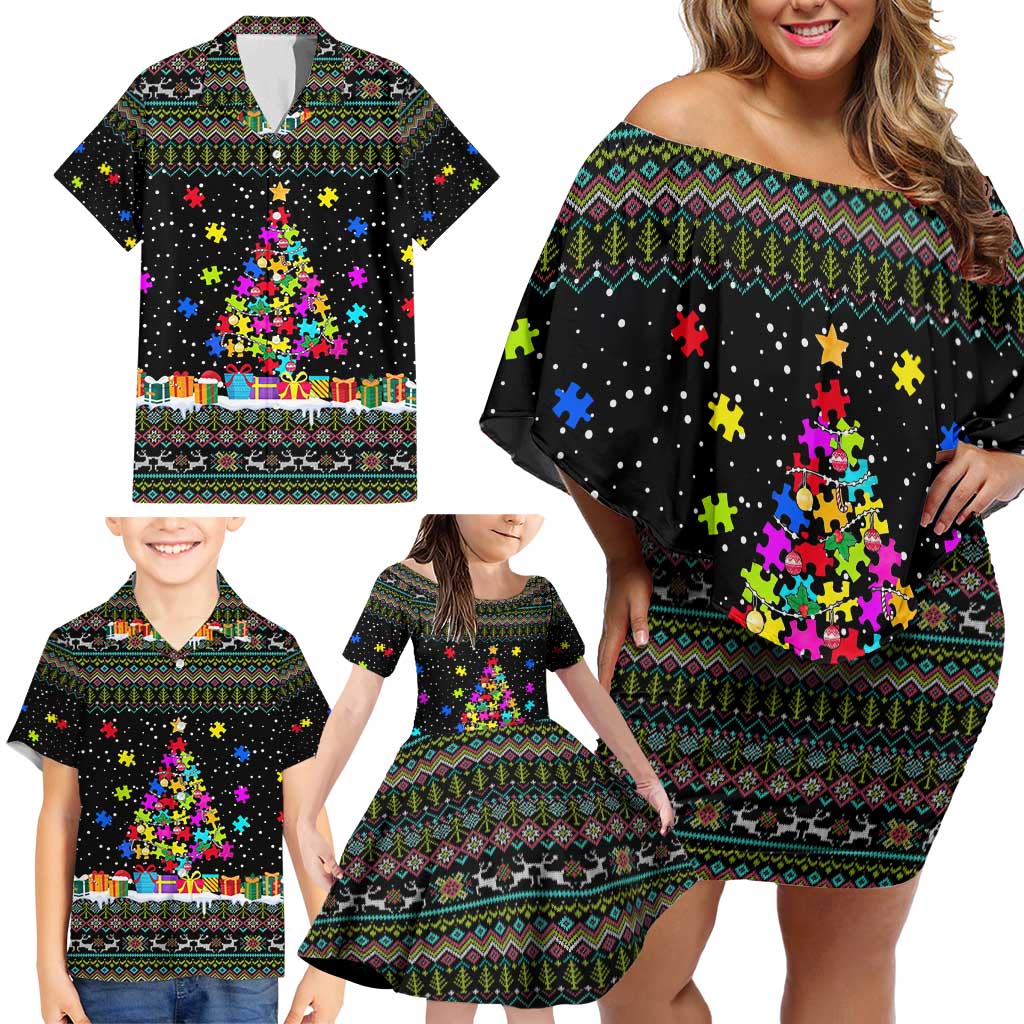 Autism Pine Christmas Family Matching Off Shoulder Short Dress and Hawaiian Shirt Xmas Holiday Patterns - Wonder Print Shop