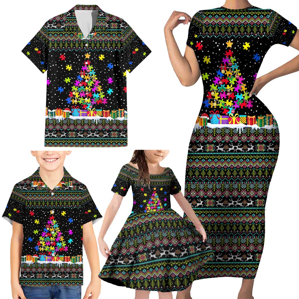 Autism Pine Christmas Family Matching Short Sleeve Bodycon Dress and Hawaiian Shirt Xmas Holiday Patterns - Wonder Print Shop