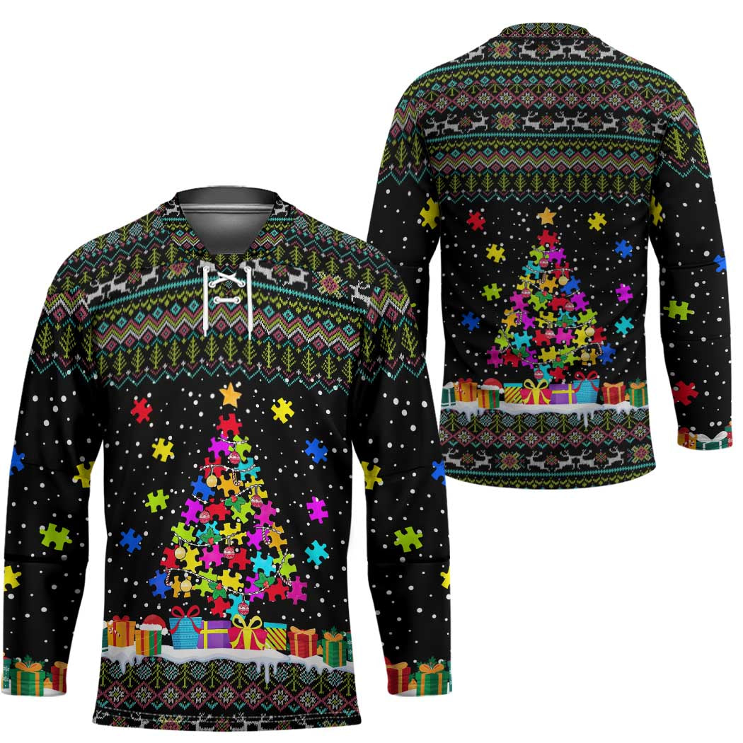Autism Pine Christmas Hockey Jersey Xmas Holiday Patterns - Wonder Print Shop