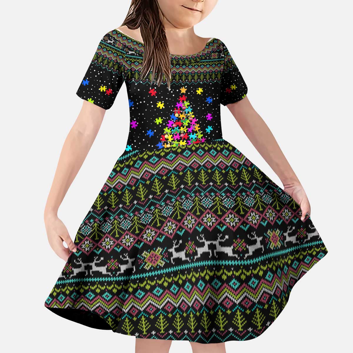 Autism Pine Christmas Kid Short Sleeve Dress Xmas Holiday Patterns - Wonder Print Shop