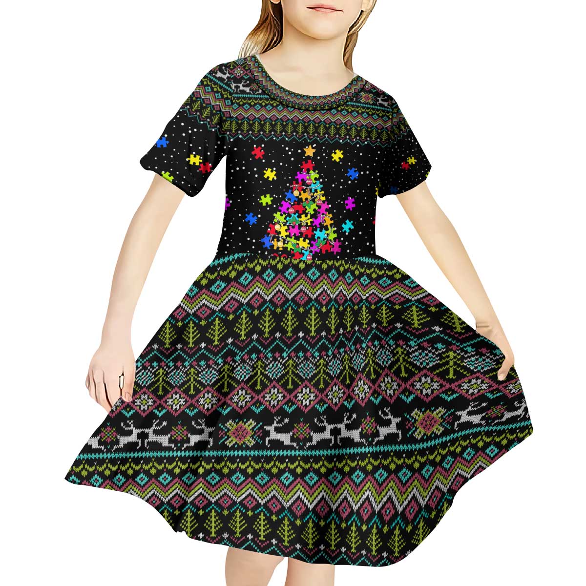 Autism Pine Christmas Kid Short Sleeve Dress Xmas Holiday Patterns - Wonder Print Shop