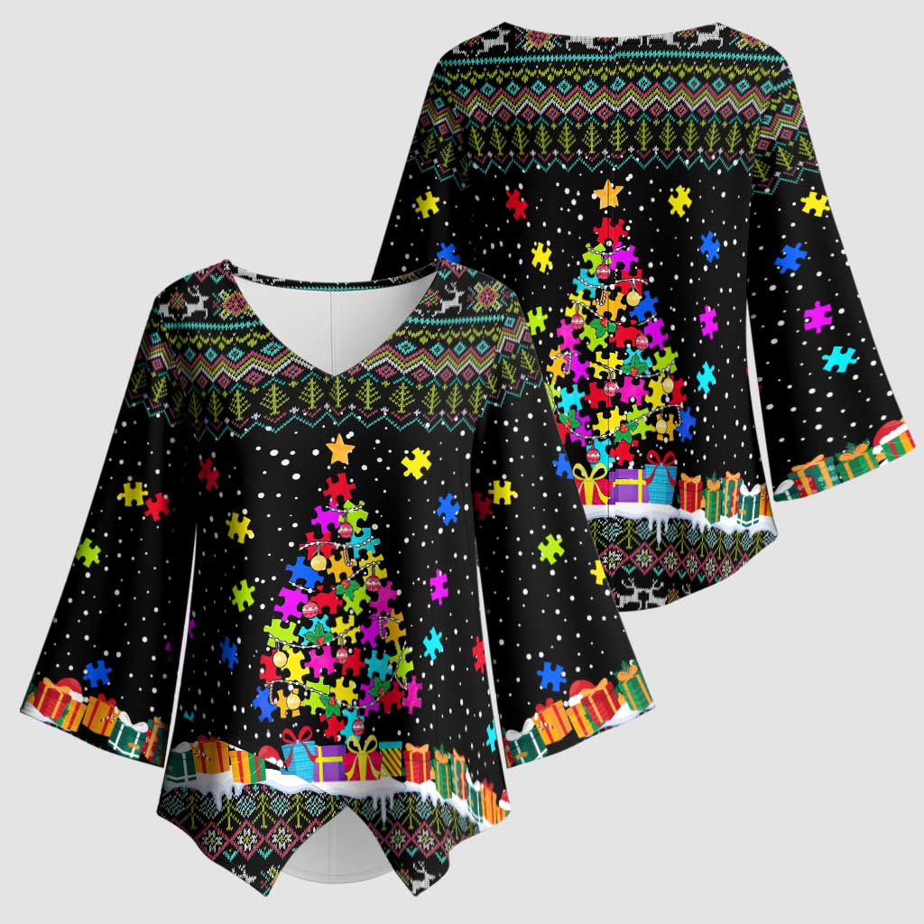 Autism Pine Christmas Kimono Sleeve Blouse Xmas Holiday Patterns - Wonder Print Shop
