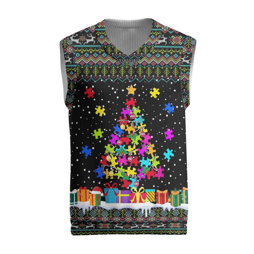 Autism Pine Christmas Knitted V-Neck Vest Xmas Holiday Patterns - Wonder Print Shop