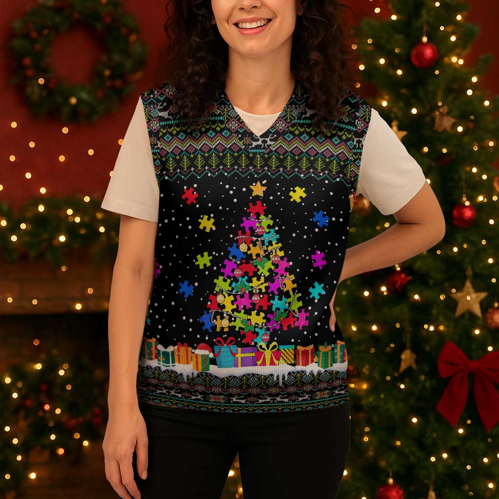 Autism Pine Christmas Knitted V-Neck Vest Xmas Holiday Patterns - Wonder Print Shop