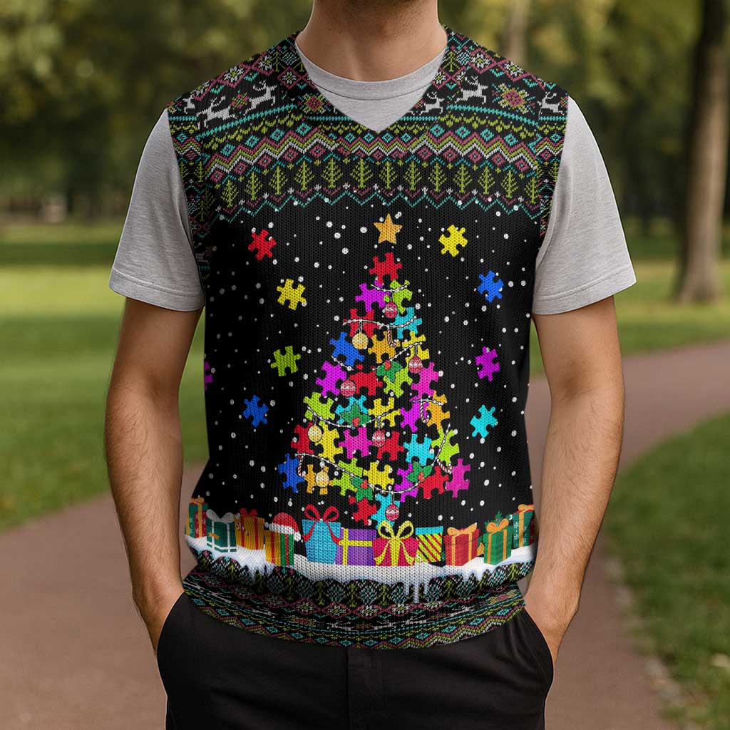 Autism Pine Christmas Knitted V-Neck Vest Xmas Holiday Patterns - Wonder Print Shop