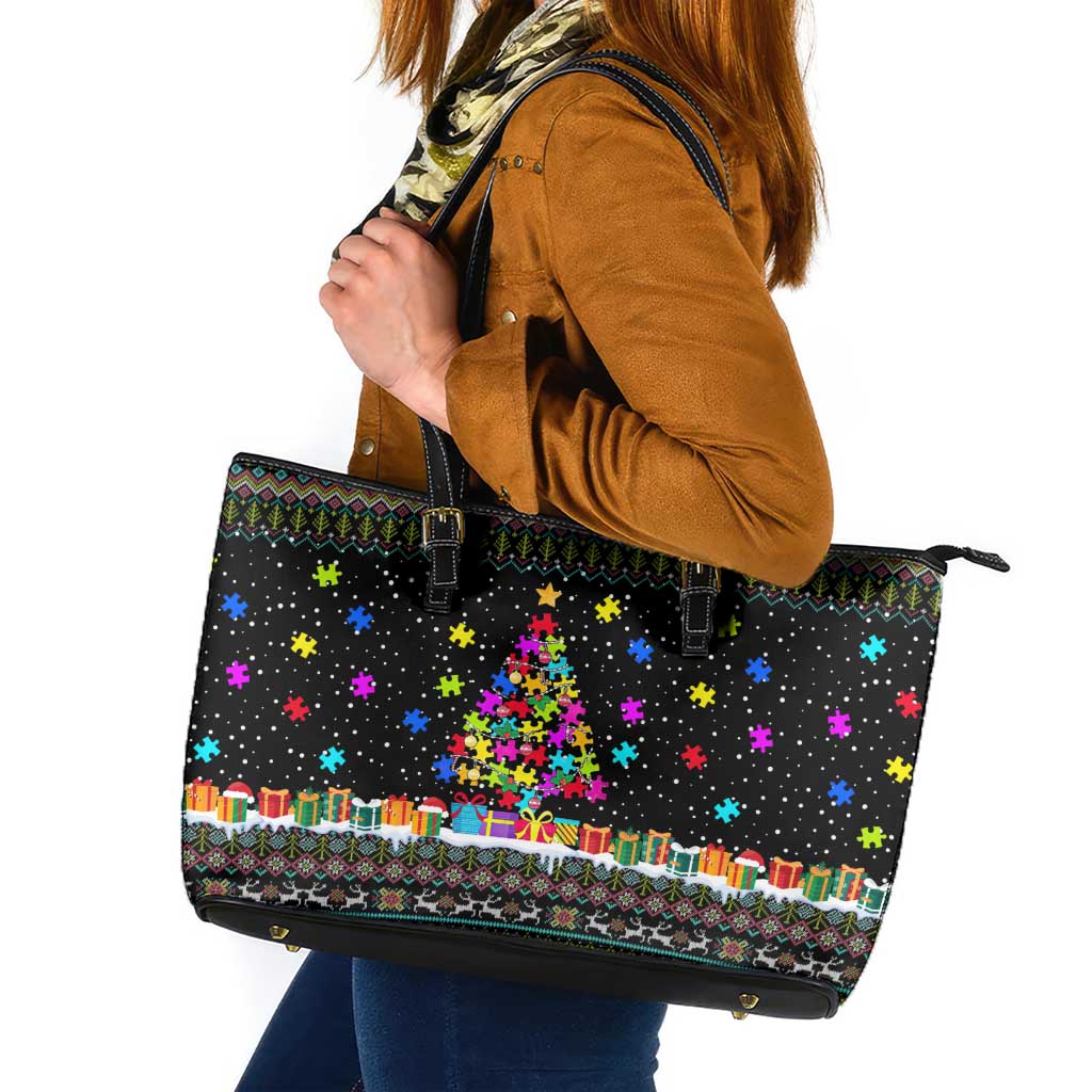 Autism Pine Christmas Leather Tote Bag Xmas Holiday Patterns - Wonder Print Shop