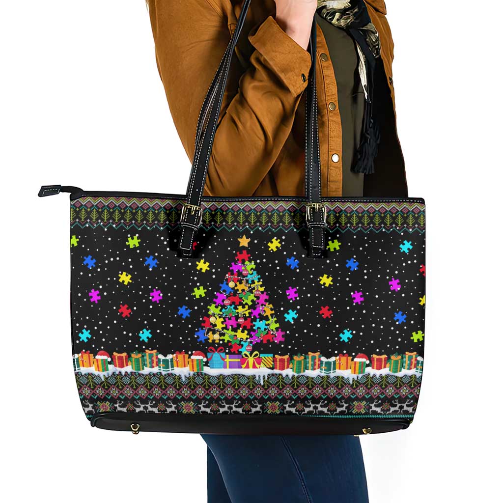 Autism Pine Christmas Leather Tote Bag Xmas Holiday Patterns - Wonder Print Shop