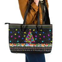 Autism Pine Christmas Leather Tote Bag Xmas Holiday Patterns - Wonder Print Shop