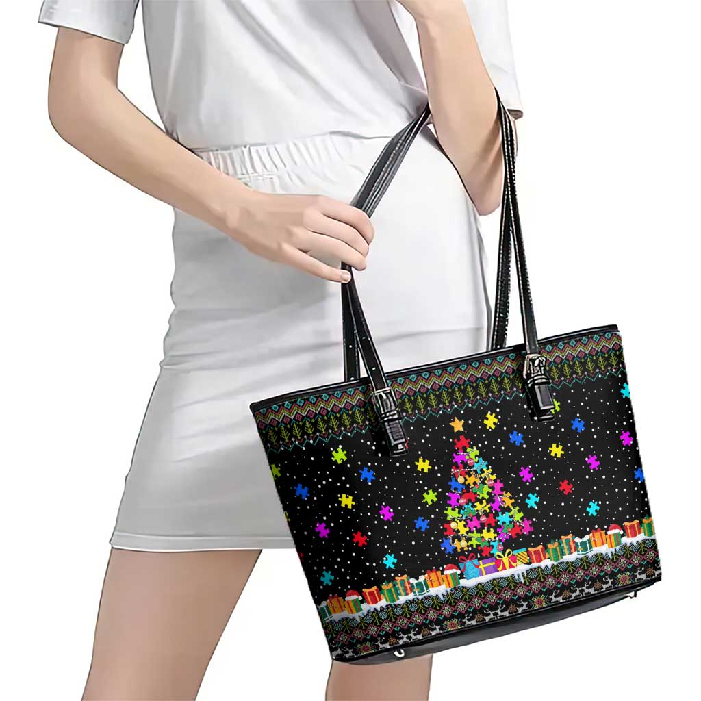 Autism Pine Christmas Leather Tote Bag Xmas Holiday Patterns - Wonder Print Shop