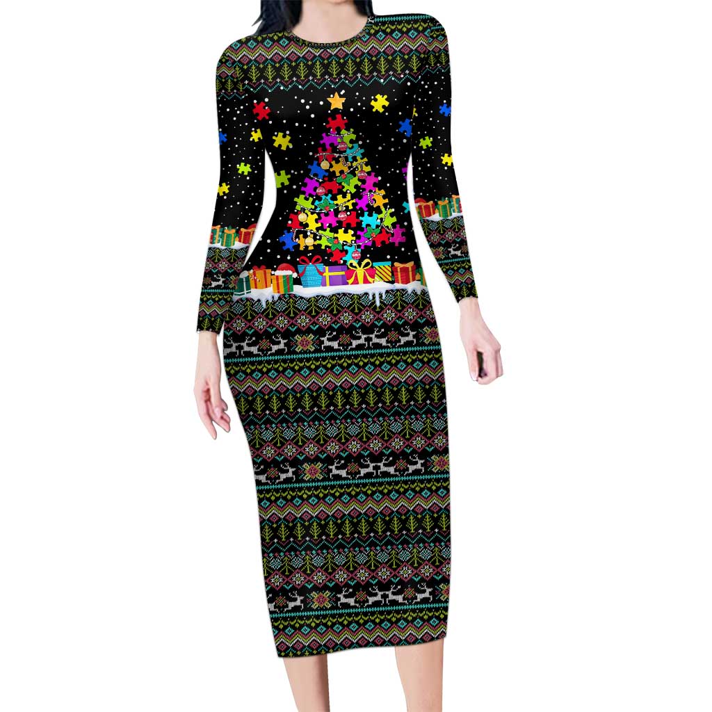 Autism Pine Christmas Long Sleeve Bodycon Dress Xmas Holiday Patterns - Wonder Print Shop