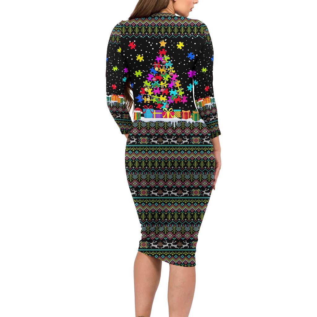 Autism Pine Christmas Long Sleeve Bodycon Dress Xmas Holiday Patterns - Wonder Print Shop