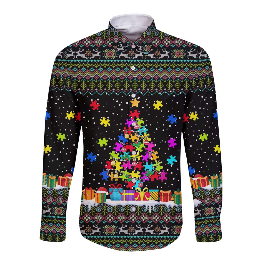 Autism Pine Christmas Long Sleeve Button Shirt Xmas Holiday Patterns - Wonder Print Shop
