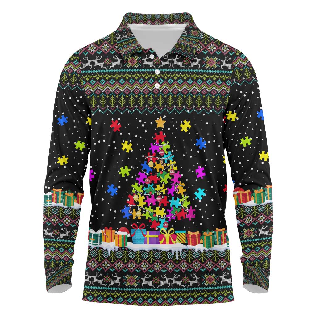 Autism Pine Christmas Long Sleeve Polo Shirt Xmas Holiday Patterns - Wonder Print Shop