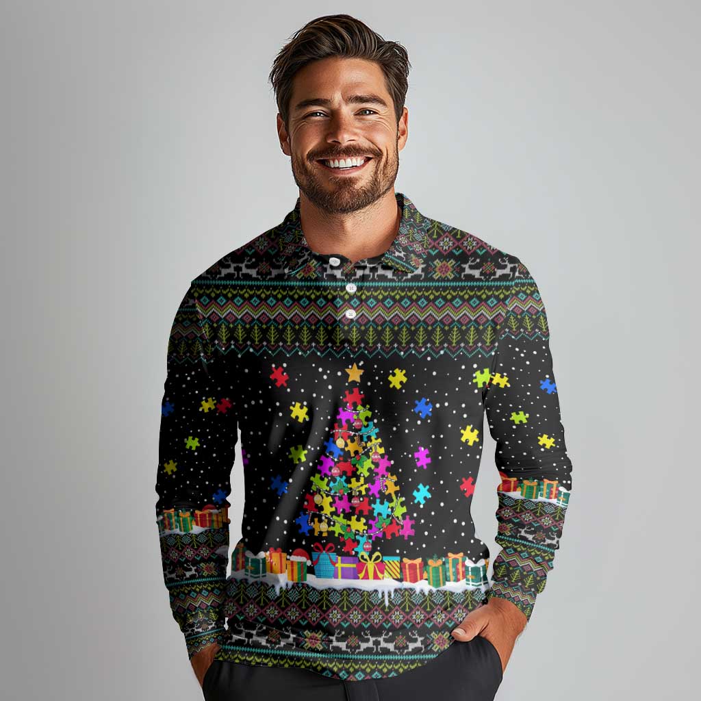 Autism Pine Christmas Long Sleeve Polo Shirt Xmas Holiday Patterns - Wonder Print Shop