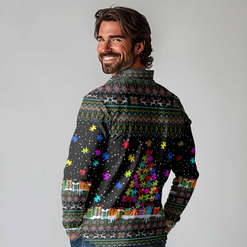Autism Pine Christmas Long Sleeve Polo Shirt Xmas Holiday Patterns - Wonder Print Shop
