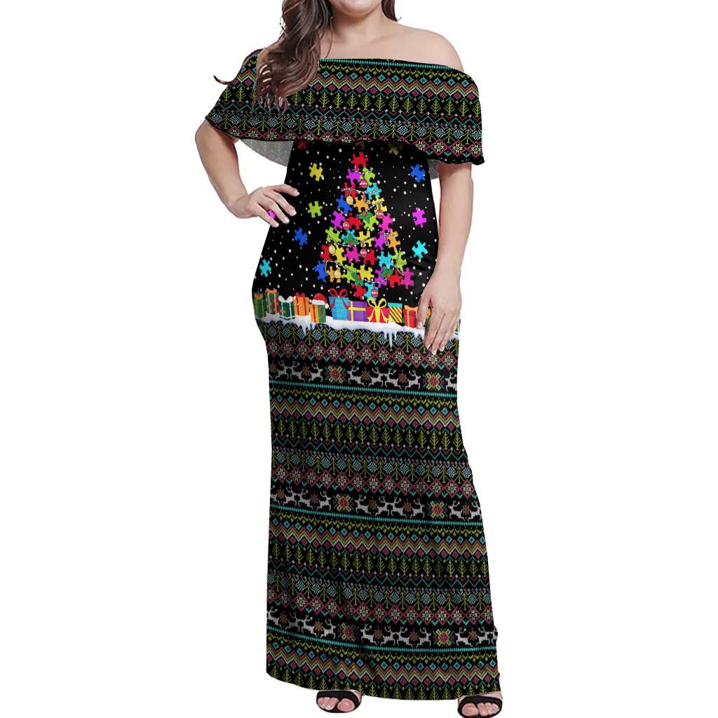 Autism Pine Christmas Off Shoulder Maxi Dress Xmas Holiday Patterns - Wonder Print Shop