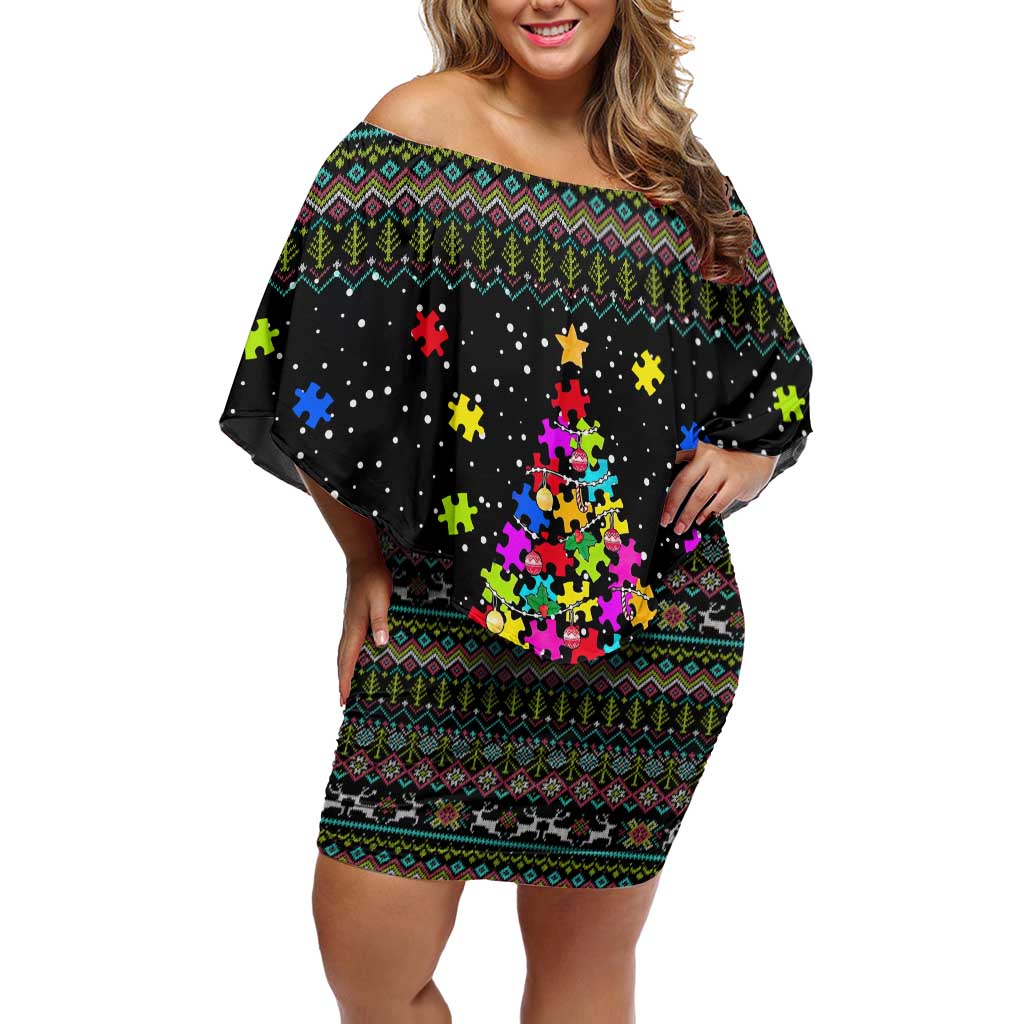 Autism Pine Christmas Off Shoulder Short Dress Xmas Holiday Patterns - Wonder Print Shop