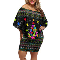 Autism Pine Christmas Off Shoulder Short Dress Xmas Holiday Patterns - Wonder Print Shop