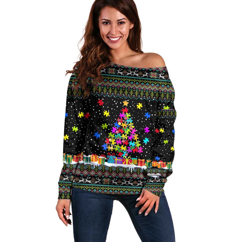Autism Pine Christmas Off Shoulder Sweater Xmas Holiday Patterns - Wonder Print Shop