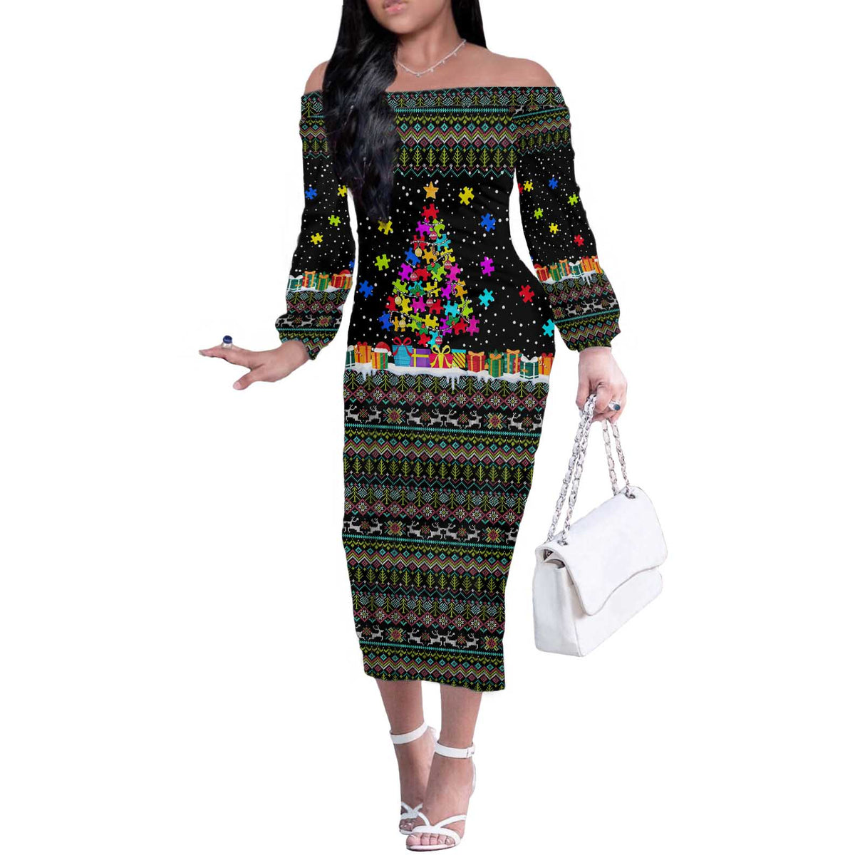 Autism Pine Christmas Off The Shoulder Long Sleeve Dress Xmas Holiday Patterns - Wonder Print Shop