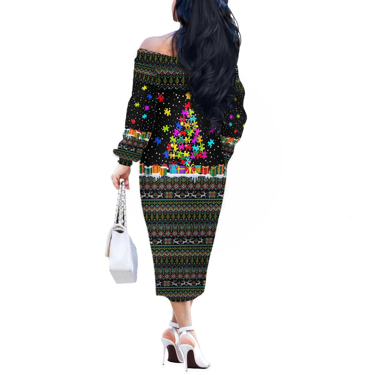 Autism Pine Christmas Off The Shoulder Long Sleeve Dress Xmas Holiday Patterns - Wonder Print Shop