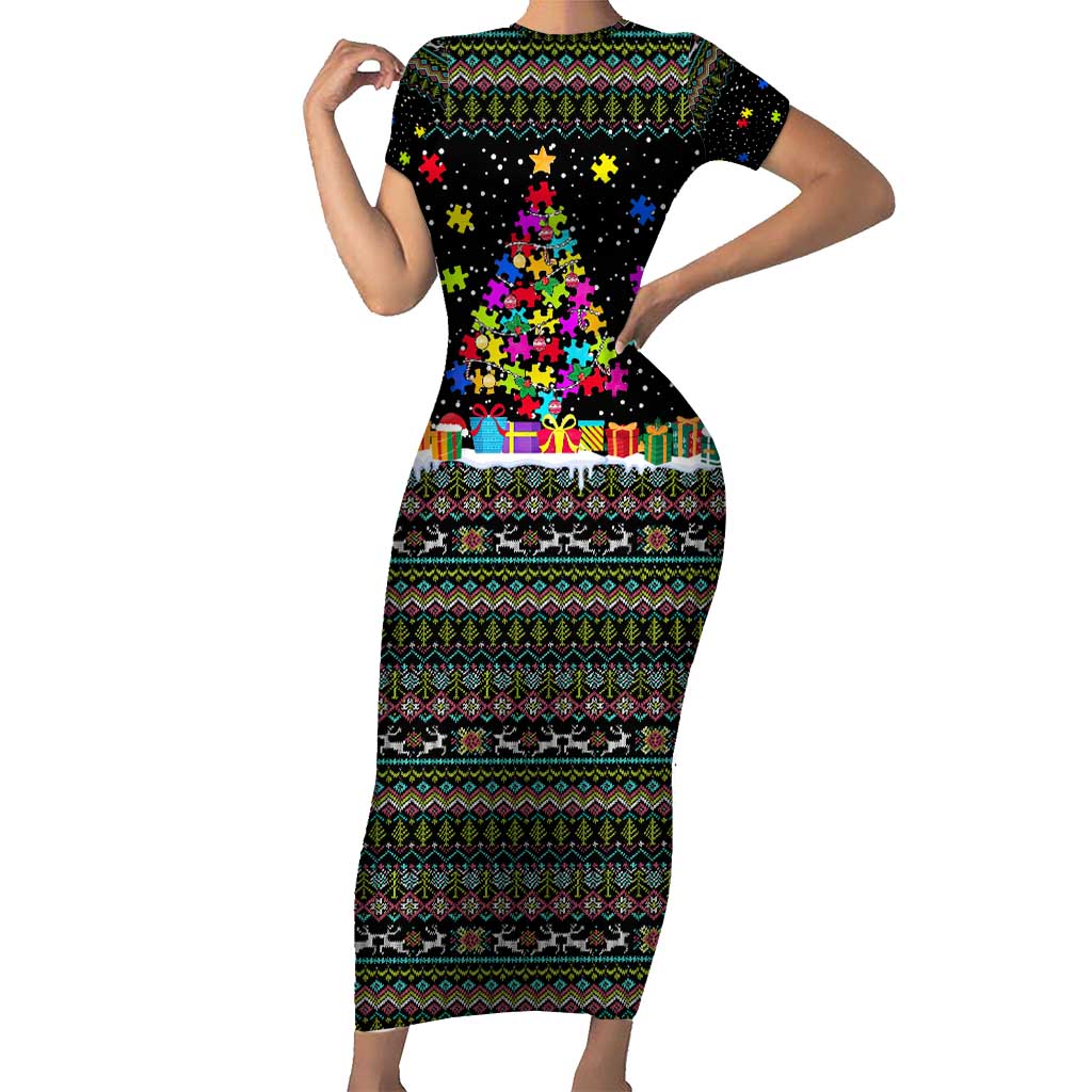 Autism Pine Christmas Short Sleeve Bodycon Dress Xmas Holiday Patterns - Wonder Print Shop