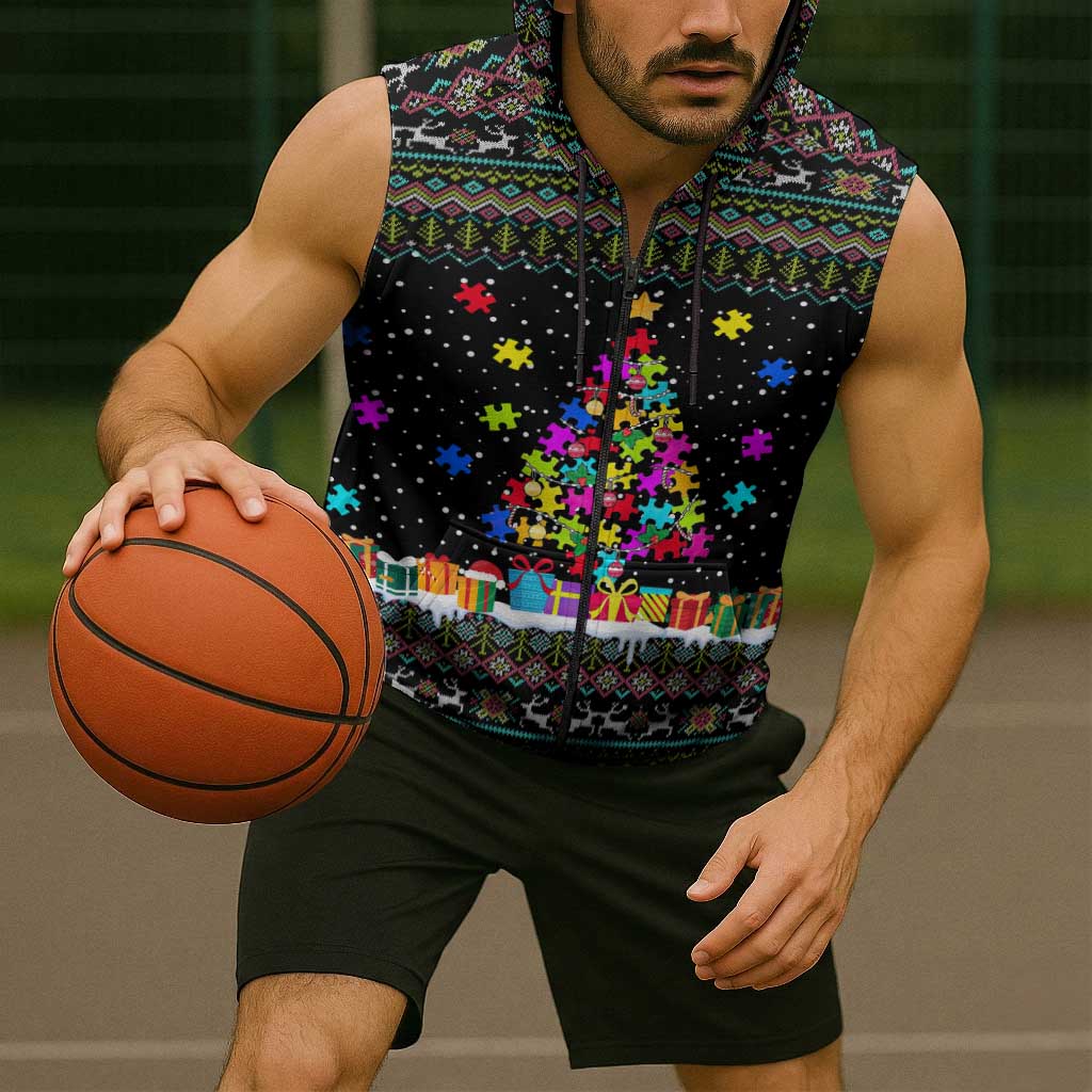 Autism Pine Christmas Sleeveless Zip Hoodie Xmas Holiday Patterns - Wonder Print Shop