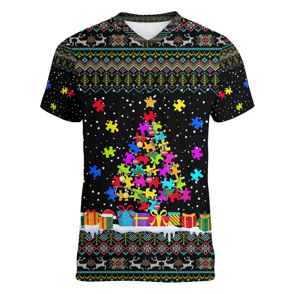 Autism Pine Christmas Women V-Neck T-Shirt Xmas Holiday Patterns - Wonder Print Shop