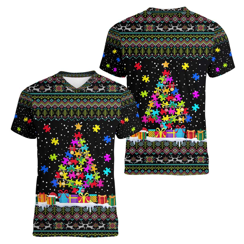 Autism Pine Christmas Women V-Neck T-Shirt Xmas Holiday Patterns - Wonder Print Shop