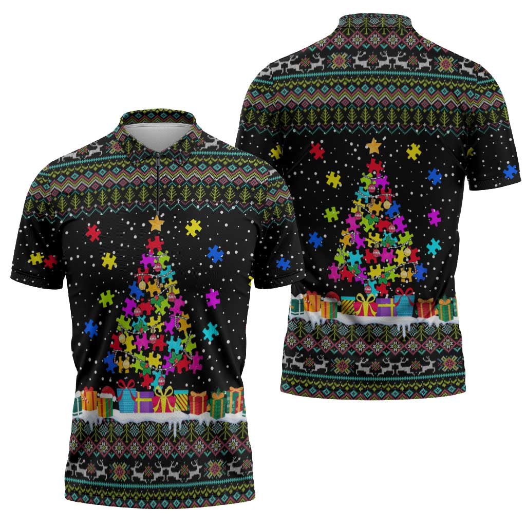 Autism Pine Christmas Zipper Polo Shirt Xmas Holiday Patterns - Wonder Print Shop