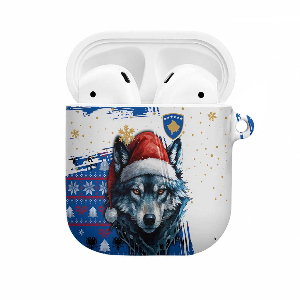 Kosovo Christmas AirPods Case with Santa Wolf Snowflakes Blue Pattern and National Emblem - Wonder Print Shop