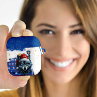 Kosovo Christmas AirPods Case with Santa Wolf Snowflakes Blue Pattern and National Emblem - Wonder Print Shop