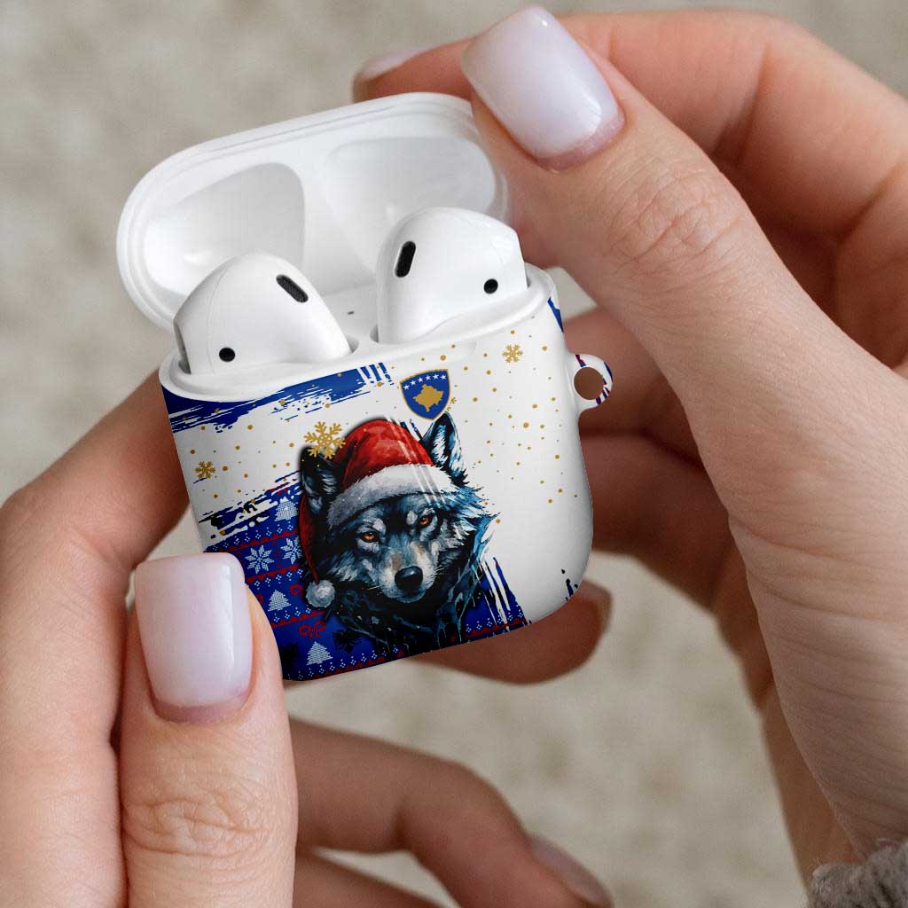 Kosovo Christmas AirPods Case with Santa Wolf Snowflakes Blue Pattern and National Emblem - Wonder Print Shop