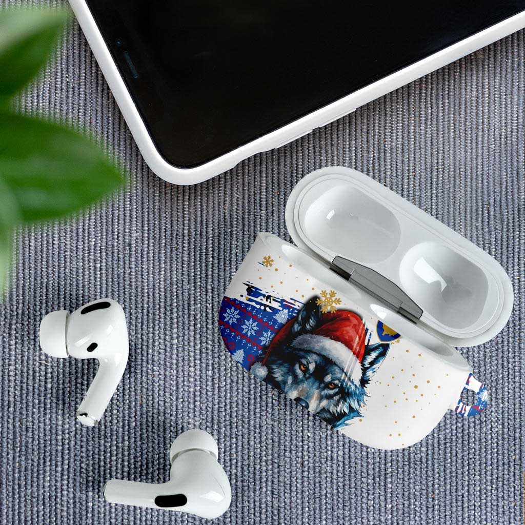 Kosovo Christmas AirPods Case with Santa Wolf Snowflakes Blue Pattern and National Emblem - Wonder Print Shop