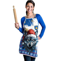 Kosovo Christmas Apron with Santa Wolf Snowflakes Blue Pattern and National Emblem - Wonder Print Shop