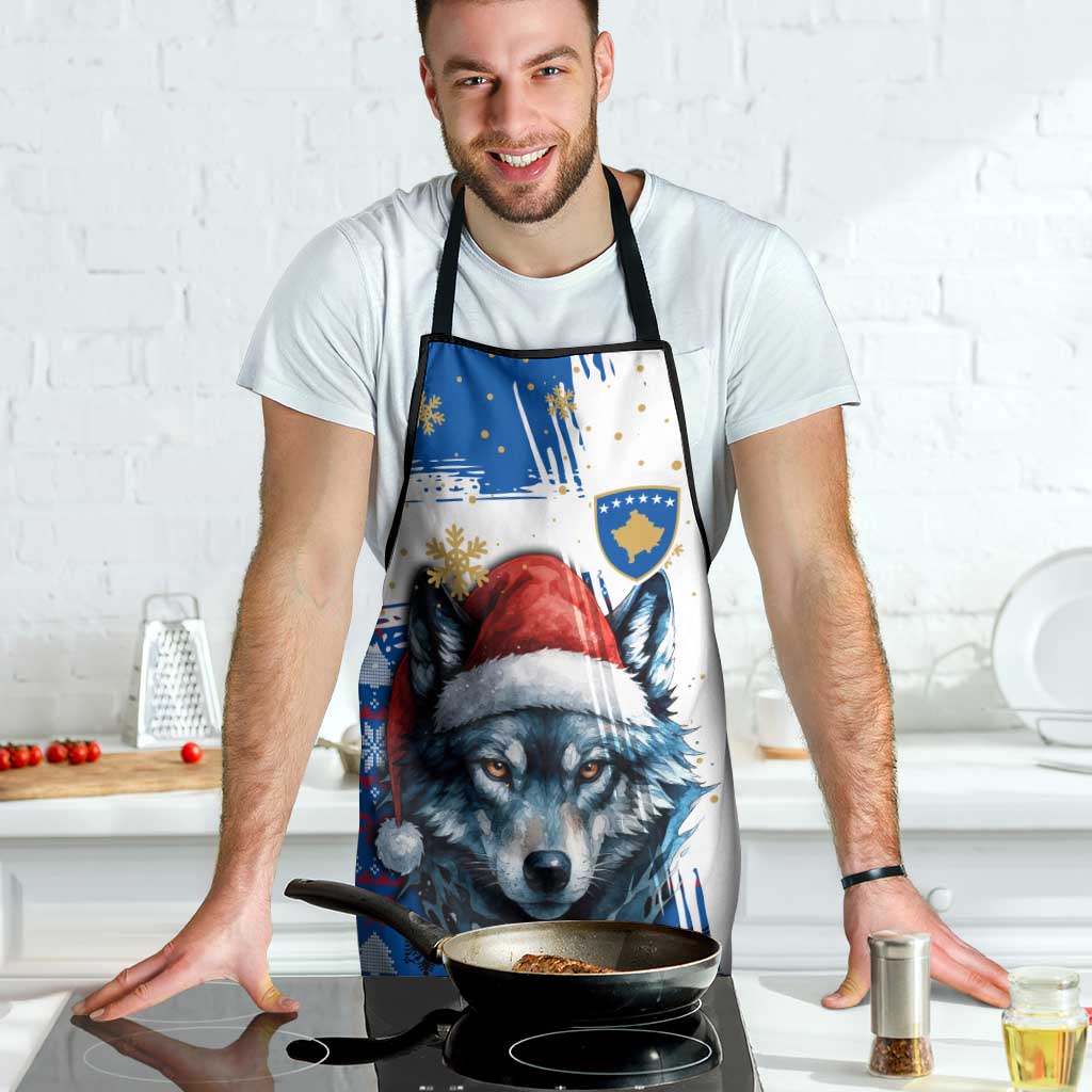 Kosovo Christmas Apron with Santa Wolf Snowflakes Blue Pattern and National Emblem - Wonder Print Shop
