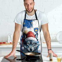 Kosovo Christmas Apron with Santa Wolf Snowflakes Blue Pattern and National Emblem - Wonder Print Shop