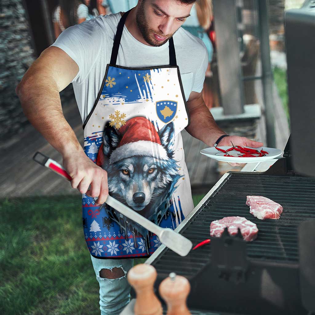 Kosovo Christmas Apron with Santa Wolf Snowflakes Blue Pattern and National Emblem - Wonder Print Shop