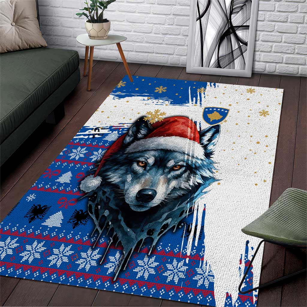 Kosovo Christmas Area Rug with Santa Wolf Snowflakes Blue Pattern and National Emblem - Wonder Print Shop