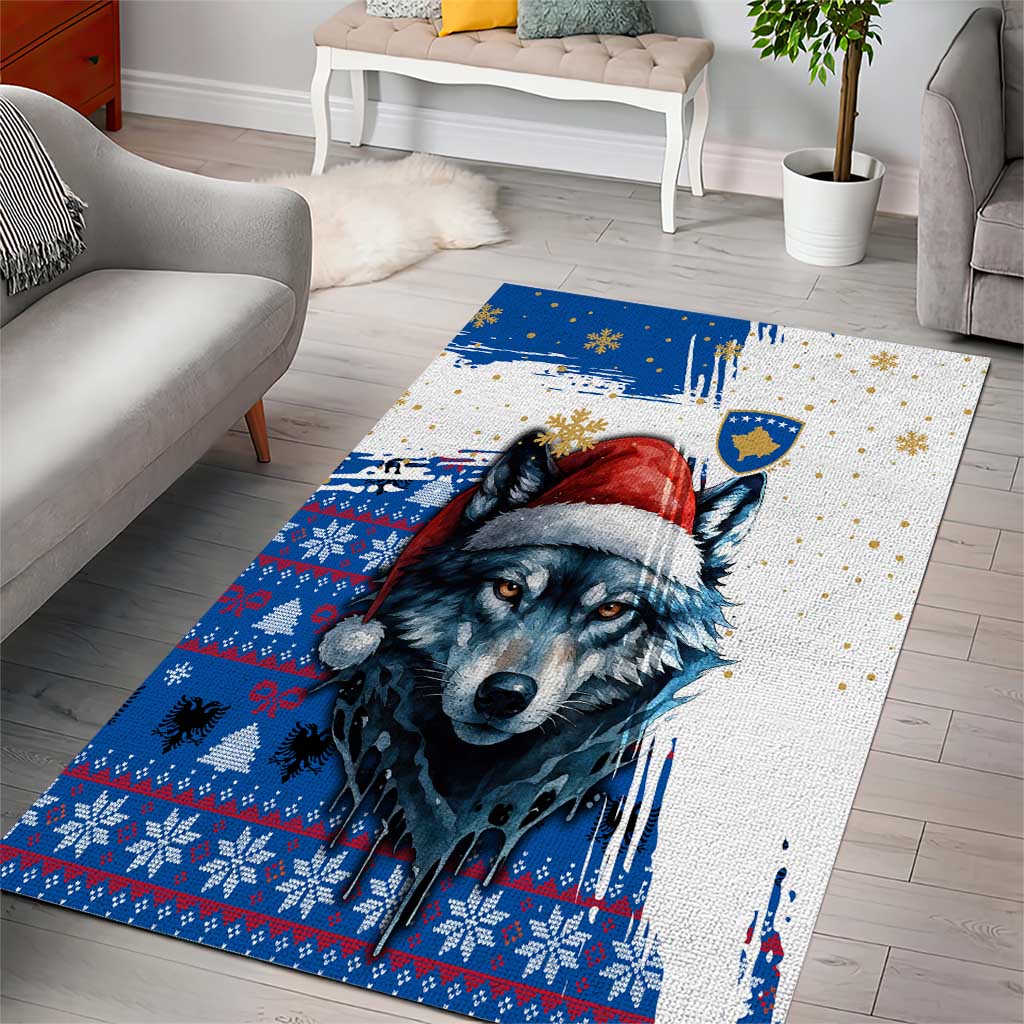 Kosovo Christmas Area Rug with Santa Wolf Snowflakes Blue Pattern and National Emblem - Wonder Print Shop