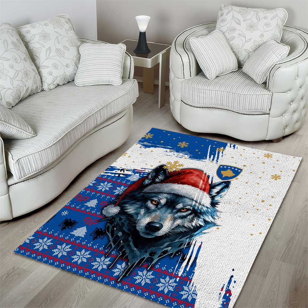 Kosovo Christmas Area Rug with Santa Wolf Snowflakes Blue Pattern and National Emblem - Wonder Print Shop