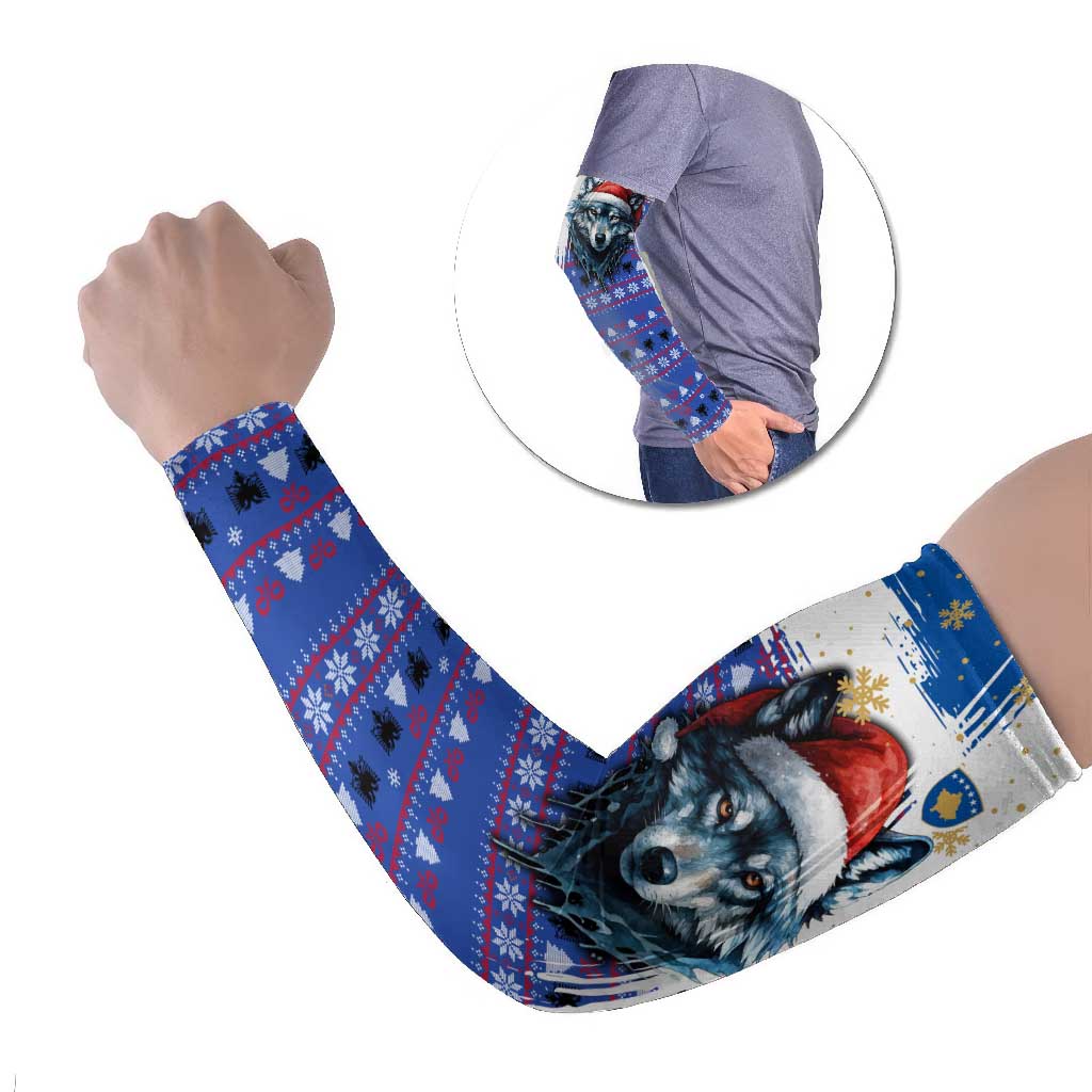 Kosovo Christmas Arm Sleeves with Santa Wolf Snowflakes Blue Pattern and National Emblem - Wonder Print Shop