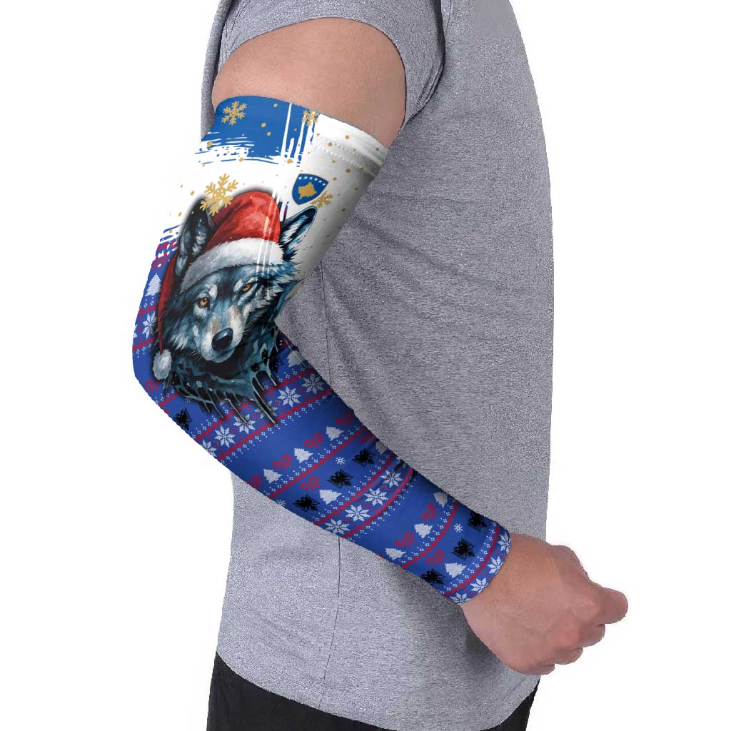 Kosovo Christmas Arm Sleeves with Santa Wolf Snowflakes Blue Pattern and National Emblem - Wonder Print Shop