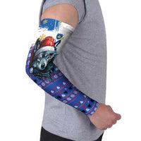 Kosovo Christmas Arm Sleeves with Santa Wolf Snowflakes Blue Pattern and National Emblem - Wonder Print Shop