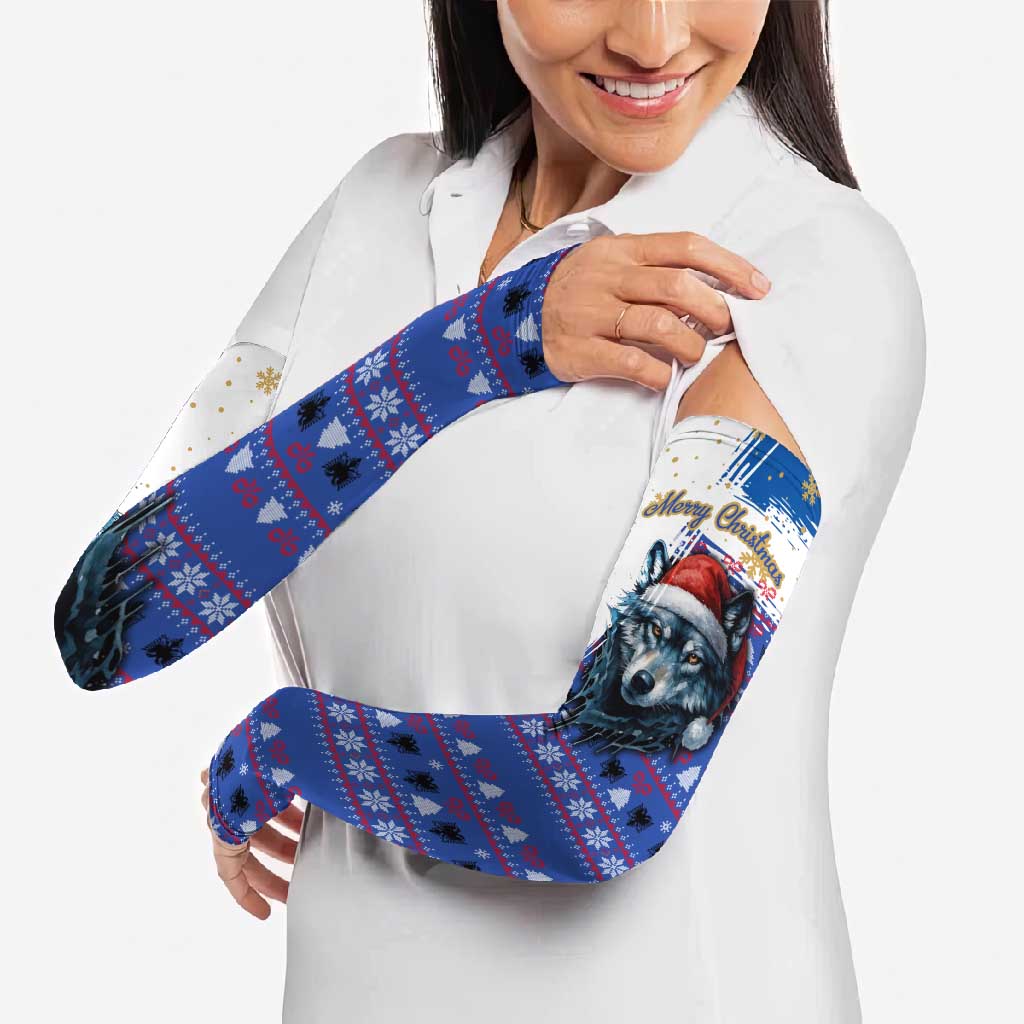 Kosovo Christmas Arm Sleeves with Santa Wolf Snowflakes Blue Pattern and National Emblem - Wonder Print Shop