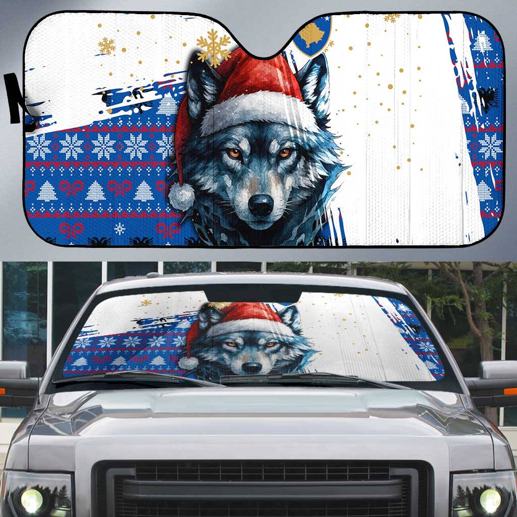 Kosovo Christmas Auto Sun Shade with Santa Wolf Snowflakes Blue Pattern and National Emblem - Wonder Print Shop